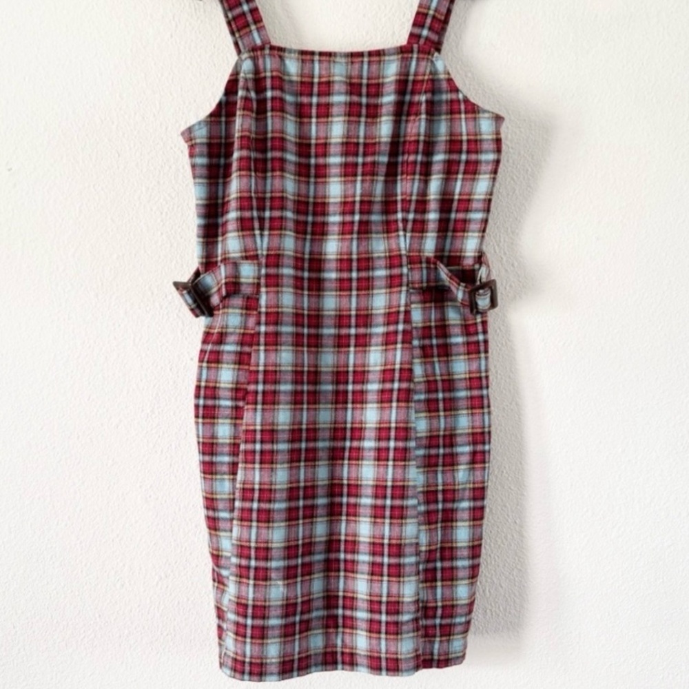LIVE TO BE SPOILED Sleeveless Strappy Buckle Strap 90s Plaid Mini Jumper Dress